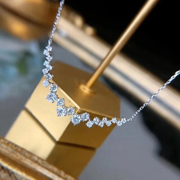 NEW Cluster Necklace 16” 14K White Gold Plated CZ Wedding Minimalist Dainty - Picture 11 of 16